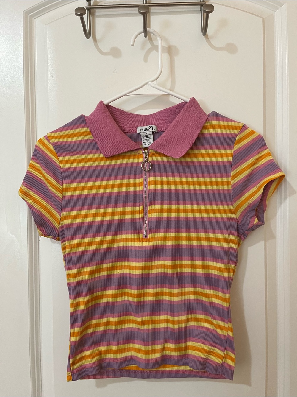 Rue21 Pink, Yellow & Purple Striped Zip Polo